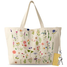Miss Adola Large Tote Bag for Women - Aesthetic Cute Big Canvas Bags with Zipper Cotton Reusable Shoulder Bag with Hook Graphic for Travel, Work, Shopping, Gym, Green Wild Flower