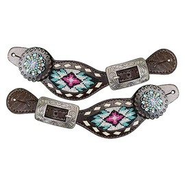 Showman Ladies Pink & Teal Beaded Leather Spur Straps