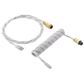 Vajra Force Foil Coiled USB C Keyboard Cable for Computer Keyboard, Double-Sleeved Mechanical Keyboard Cable with Detachable Metal Aviator, 1.5M USB-C to USB-A, White Color with Gold Aviator