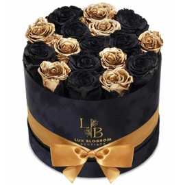 17 Gold & Black Forever Roses, Velvet Box - Luxury Preserved Flowers, Black Roses, Sparkling Roses Bouquet, Black and Gold Flowers Centerpieces, Black Glitter Roses (Black and Gold | Velvet Box)