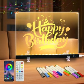 Acrylic Dry Erase Board with 7+Mixed Color LED Light-Up Memo Board w/Music Sync, APP & Remote Control, Stand, 12 Markers - Versatile Night Light for Room, Office -14.1"x10.9" Neon Glow Display (Black)