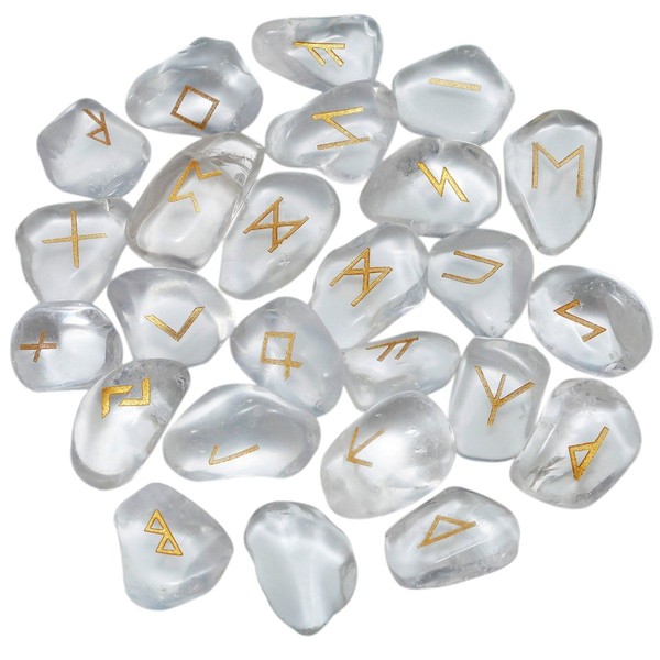 mookaitedecor Rock Crystal Runes Stones Set (25 Pieces), Tumbled Gemstone with Carved Rune Words for Fortune Telling, Crystal Healing Reiki