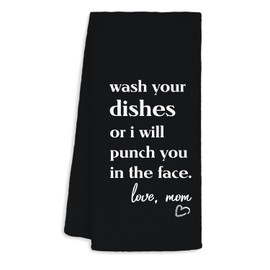 Jvpke Funny Black Kitchen Towels - Black Kitchen Decor,Gifts for Son Daughter,Wash Your Dishes or I Will Punch You in The Face Love Mom Kitchen Dish Towels,Kitchen Hand Dish Tea Towels 16×24 Inch