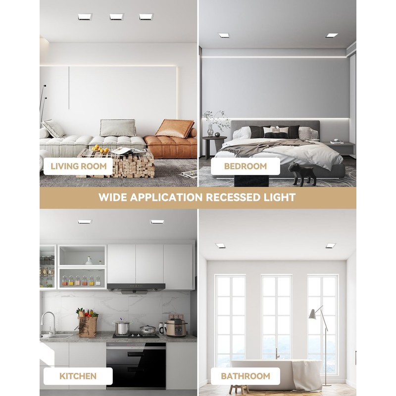 HITOO 8 Inch Square Recessed Light 5000K Anti-Glare LED Ceiling