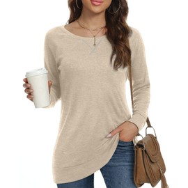 POPYOUNG Women's Fall-Winter Long Sleeve Tunic Tops for Leggings Crewneck Casual Blouse Sweatshirt XL,Beige