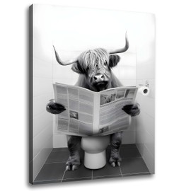 Bathroom Decor Wall Art, Humor Animals Bathroom Artwork, Myopic Eye Highland Cow Canvas Print Wall Art, Black and White Wall Art Decor, Modern Wrapped Canvas Painting Picture Prints Ready to Hang 16"x20"