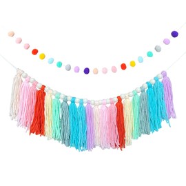 2 Pcs Boho Tassel Garland with Wood Beads Felt Ball Garland for Birthday Party Dorm Office Kids Nursery Classroom Bedroom Baby Shower Decorations
