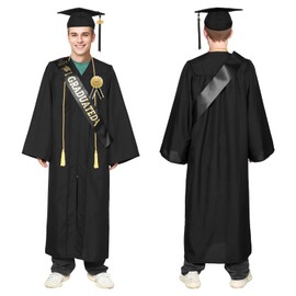 Joyesplay Graduation Talar with Graduation Hat and Tassel 2025, 6 Pieces Graduation Dress Black with Bachelor Hat Tassels 2025 for Bachelor Master Doctor (Black, 45)