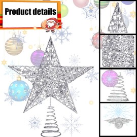Metal Christmas Tree Topper Christmas Star Topper Glittering, Metal Tree Topper Star, Christmas Tree Topper Glittering, Tree Crown Lamp, Christmas Decoration, 20 cm, Silver