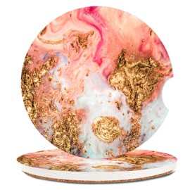 Absorbent Car Coasters 2 Pack for Women/Men,Fashion Luxury Car Coaster for Drinks,Ceramic Stone Car Cup Holder with A Finger Notch,Pink Gold Marble