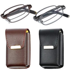 Success Eyewear Reading Glasses Set of 2 Fashion Folding Readers with Leather Cases Brown and Gunmetal Glasses for Reading for Men and Women Set of Gunmetal and Brown 1.75
