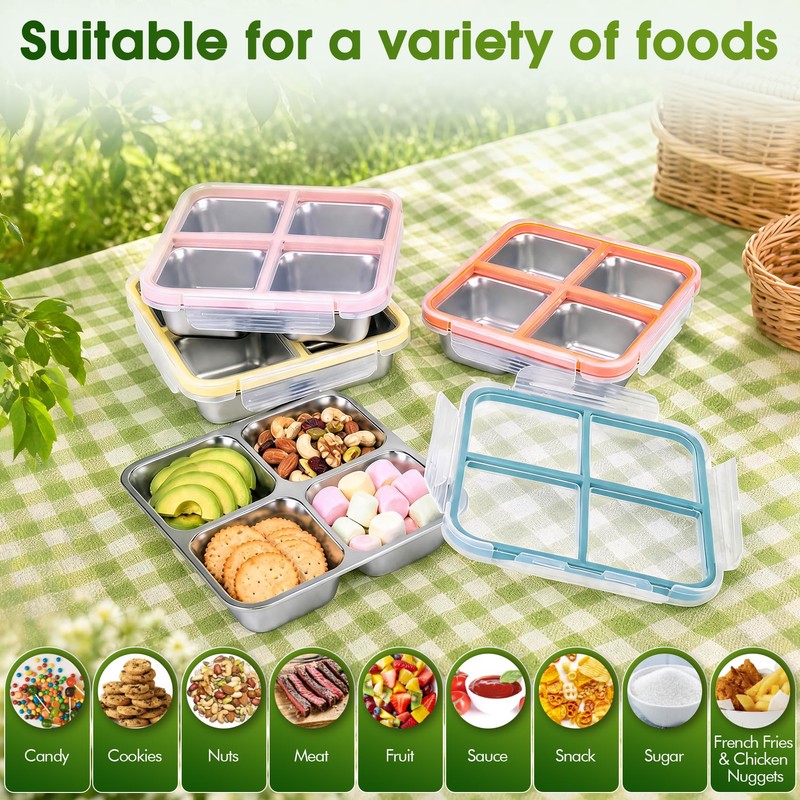 Stainless Steel Snack Containers, 4 Compartment Bento Snack Box with