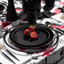 Black and Gold Rim Round High End Plastic Plates (10 Pack) - Edge - Size: 6.3 Inch Appetizer Plates