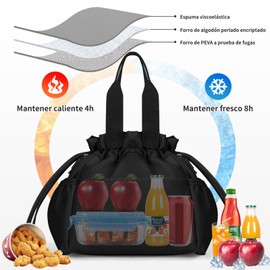 KTMOUW 11L Bolsa de Almuerzo con Cordón de Tela Oxford,Lonchera Termica para Mujer y Hombres,Impermeable Reutilizables Lonchera,con Asa y Correa de Hombro Ajustable,para Oficina,Picnic,Camping,Negro