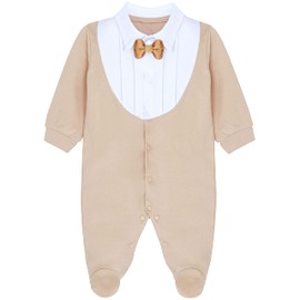 Lilax Baby Boy Gentleman Footie Christmas Stylish Tuxedo Outfit with Bow Tie (Newborn, Beige)