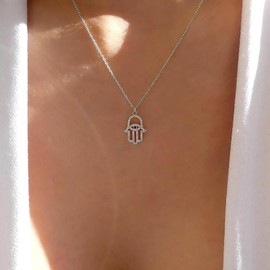 Cybche Boho CZ Hamsa Hand Necklace Choker Crystal Hamsa Hand Pendant Necklace Gold Evil Eye Necklace Chain Rhinestone Hamsa Choker Necklace Jewellery for Women, Zinc, No Gemstone