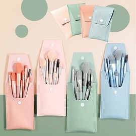 Portable Travel Mini Makeup Brush Set 8 Pieces with Pouch Peach with Case 2ea
