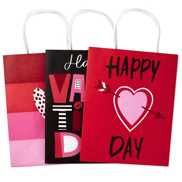 Hallmark 9" Medium Valentines Day Paper Gift Bags Assortment (Pack of 3, Red and Pink Valentine Hearts)