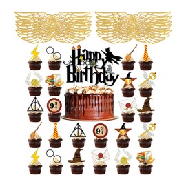 Wizard Kuchen Deko Set – 1x Happy Birthday Torten Topper, 24x Magische Cupcake Topper & 50x Gold Flügel für Schokolade oder Muffins, Magier Geburtstag Deko für Jungen & Mädchen Party