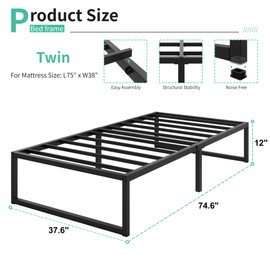 Lutown-Teen 12 Inch Twin Size Bed Frames Heavy Duty Metal Twin Platform Bed Frame No Box Spring Needed, Noise Free, Easy Assembly, Black