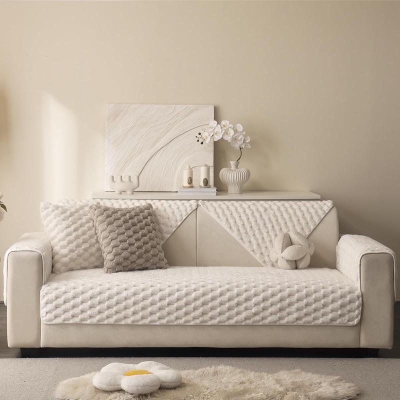 Aucrovee Soft Plush Faux Fur Couch Cover, Fluffy Non Slip