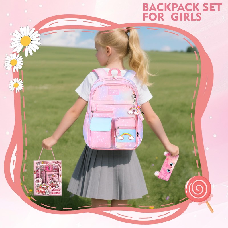 QJHEC Kawaii Rainbow Backpack for Girls – Cute Starry School