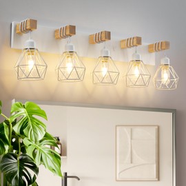 Farmhouse Vanity Light for Bathroom, 5-Light White Wood Bathroom Vanity Light Fixtures Over Mirror, Rustic Sconces Wall Lighting with Metal Lampshade for Living Room, Bedroom, Hallway