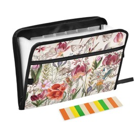 CUPADA Fall Flower Butterfly 13 Pockets Expanding File Folder with Labels, Watercolor Floral Accordian File Organizer with Zippers A4 Letter Size Portable Filing Folders