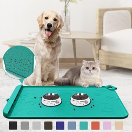 Pet Feeding Mat, Dog Food Mat, Silicone Pet Feeding Mats with Residue Collection Pocket, Waterproof Dog Cat Bowl Mats for Food and Water with Edge and Hook, Tray for Dog Bowls (Teal, 24''x16'')