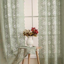 Luyicozy Boho Floral Green Lace Curtains 84 Inch Length 2 Panels Semi Sheer Curtains for Living Room, Light Filtering Floral Sheers with Grommet Top, Sage Green Drapes，W52 x L84