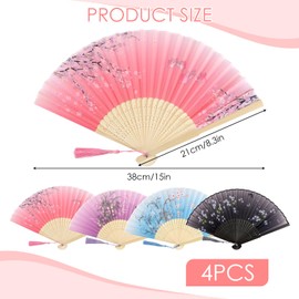 MSMXCS 4 Pack Folding Hand Fans Folding Chinese Fan Silk Fabric Bamboo Ribs Handheld Fan with Tassel Hollow Carved Handheld Folding or Wedding Christmas Party Prom Festival DIY Home Decorations