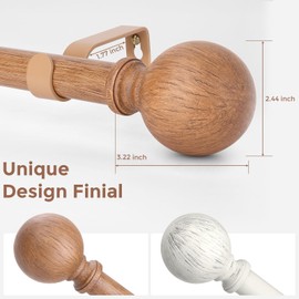 Wolistsa Wood Curtain Rods for Windows 48 to 84 Inch, Adjustable Decorative 1 Inch Boho Farmhouse Curtain Rod, Heavy Duty Vintage Rustic Drapery Pole with Wooden Grain Lightning Texture Round Finials
