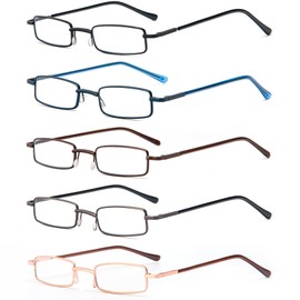 REAVEE 5 Pack Slim Portable Reading Glasses for Men Women, Computer Blue Light Blocking Small Readers Metal Frame Spring Hinge with Pocket Compact Pen Case, Black Grey Brown Blue Gold 2.25
