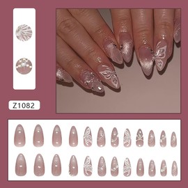 Long Almond Press on Nails Pink False Nails Butterfly False Nails Mixed Shape Nail Rhinestone Pearl Design Glitter Stick on Nail Reusable Full Cover Acrylic Glue on Nail for Women Manicure