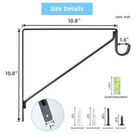 4-Pack Closet Rod Bracket, 10.8x10.8Inch Closet Shelf Brackets Heavy Duty Wall Mounted, Matte Black Steel Closet Rod Support Brackets Holder, 300 Lbs Load Capacity with Anchors Screws