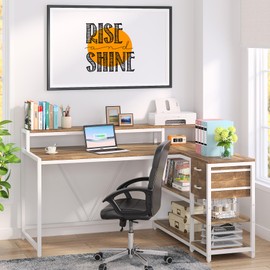 Tribesigns L Shaped Desk with Drawers and Monitor Stand, L Corner Desk with Storage Shelves, Beige Wooden PC Table for Samll Home Office