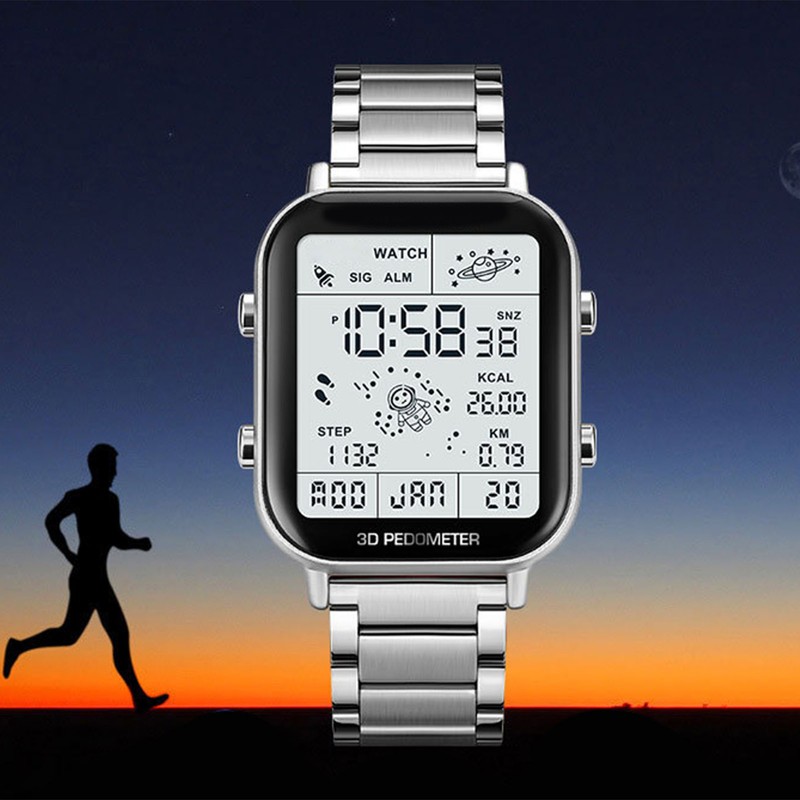 Men Led Digital Watch Creative Square Waterproof Backlight Pedometer Sports