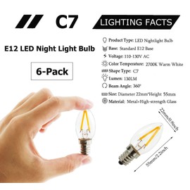 LED Night Light Bulb – C7 E12 LED Bulbs – Candelabra Light Bulbs, 1.5 Watt Equivalent 15W Incandescent Bulb, Warm White 2700K For Christmas, Party, Weddings, Garden, Backyard Non-dimmable 6pack