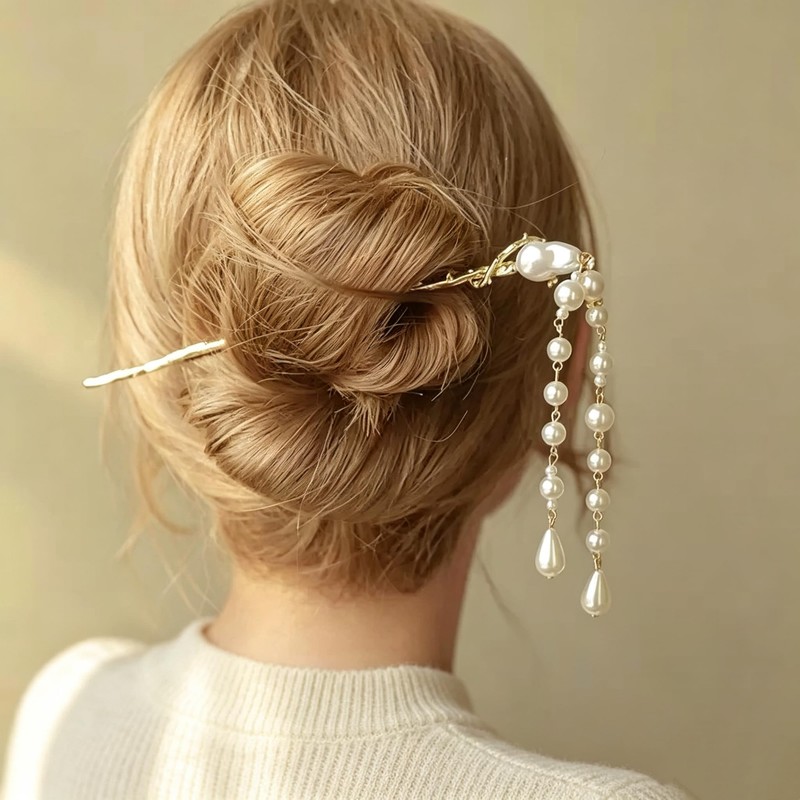 Vintage Pearl Tassel Hair Stick for Women, Branch Shape Gold
