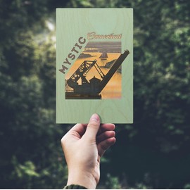 Mystic, Connecticut, Lithograph, River, (4x6 Birch Wood Postcards, 2-Pack Stationary, Rustic Home Wall Decor)