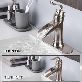 M OUDEMEI Solid Brass Waterfall Spout Bathroom Sink Faucet, 4 Inch Centerset Vanity Faucet, Single Handle Lavatory Faucet with Deck Plate for 1 OR 3 Hole Installation (Without Drain, Brushed Nickel)