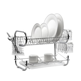 J&V TEXTILES Dish Drying Rack, Stainless Steel 2-Tier Dish Rack with Utensil Holder, Cutting Board Holder and Dish Drainer for Kitchen Counter (18-Inch)