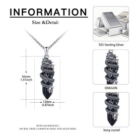 Dragon Necklace for Men 925 Sterling Silver Black Energy Healing Crystal Necklace Dragon Pendant Jewellery Gifts for Women, Silver