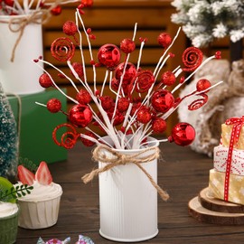 Domensi 2 Sets Christmas Table Centerpiece Decor Red Artificial Tree Picks Candy Curly Ball Picks with Metal Vase in Pots for Xmas Floral Arrangement for Dining Home Indoor Office Table Mantle