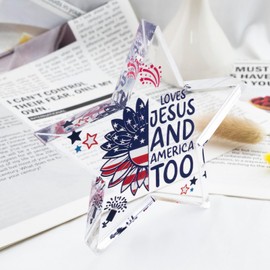 4th Of July Patriotic Decorations American Flag Desk Decor Memorial Day Gifts With Red White And Blue Usa Flag Stars Acrylic Sign Christian Gifts Love Jesus And America Too