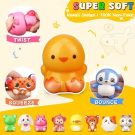 Set of 24 Animal PU Squishy Toys - Sensory Toys for Children 4-12 - Gift Box & Treasure Hunt Filling - Birthday/Christmas/Easter - Party Bags & Classroom