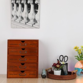 Wooden Storage Box with 5 Drawers Apothecary Drawers Vintage Wooden Drawers Wood Desktop Organizer with Drawers Countertop Drawers Library Card Catalog Cabinet Apothecary Cabinet （BROWN）