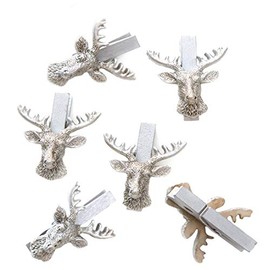 Logbuch-Verlag 6 Silver Stag Head Stag Wooden Pegs Decorative Clips Christmas Packaging 4.5 cm