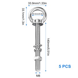 Pack of 5 Eye Bolts Long M8 x 140 mm, Stainless Steel Eye Bolt, Removable Eye Bolts with Washers and Hex Nuts, for Mounting and Suspension (Silver)