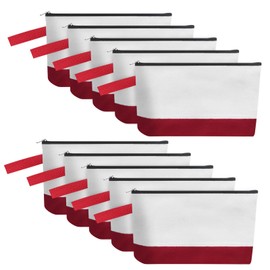 Sinzip 10 Pieces Cotton Canvas Makeup Bag with Bottom and Strap, Multi-Purpose Cosmetic Bag with Zipper Travel Toiletry Pouch, Blank DIY Craft Bag (White&Red, XS)